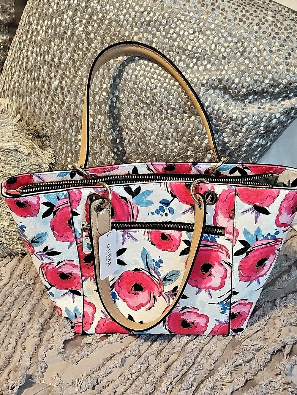 Guess Floral Tote Pink & White NWT